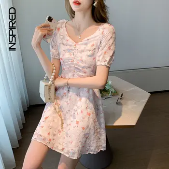 Френското шифоновое рокля с цветен модел, секси лятна рокля 2023 с V-образно деколте, рокли с дължина над коляното, женски офис рокля за отслабване на талията