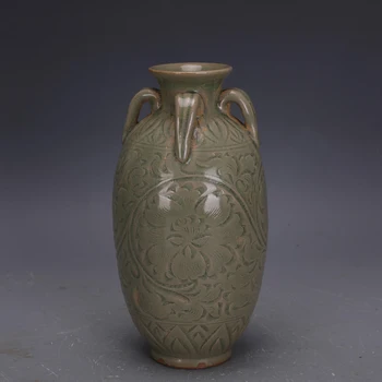 Фурна за печене на Яочжоу династия със зелена глазура, ваза, ръчно изработени от четири серии от антикварен Порцелан