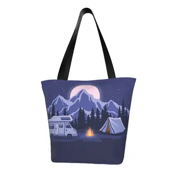 Холщовая чанта за пазаруване Happy Camper, дамски преносима чанта за пазаруване, Торбички за пазаруване