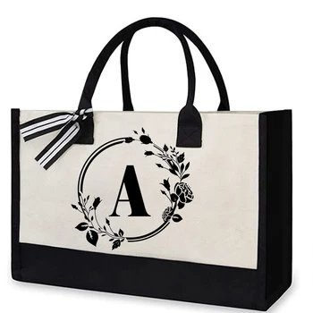 Холщовая чанта-тоут за пазаруване, чанта за рамо за жени, чанти, чанта с букви от азбуката, ежедневни лесна чанта за съхранение на плажа, подарък чанта