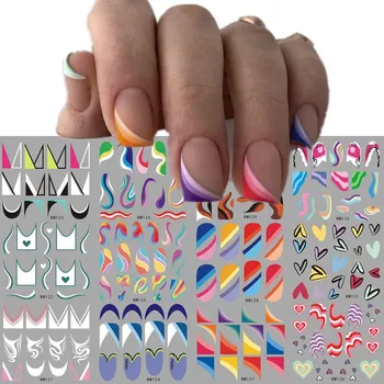 Цветни Стикери за дизайн нокти с френски топчета, с Преливащи се цветове къдрите, Лента, геометрични линии, Водни етикети, плъзгачи във френски стил, стикери за украса на ноктите