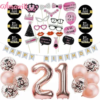 Цифров балон от розово злато Amawill Бял банер 21-аз фотобудка, за украса на парти по случай рождения ден за възрастни от 21 години, Парти 8D