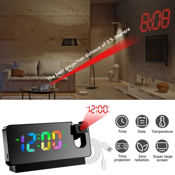 Цифров прожекционен будилник с ротация на 180 °, USB-електронен тавана проектор, Огледален led алармата за спални, Настолни часовници