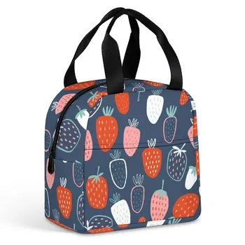 Чанта за обяд с индивидуален дизайн за жени, тъмно синьо плодов принт, преносим чанта за ядене, кутия за закуска за пикник, пътувания, Офисна работа, училище
