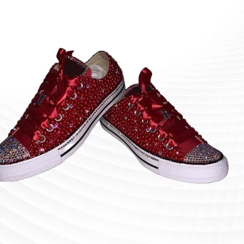 Червена Парусиновая Обувки с нисък Покрив, Удобни обувки за ходене, лентата Ръчно изработени, вулканизированная Обувки с перли и кристали 35-46