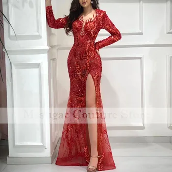 Червени Бродирани мъниста рокли на Русалка за бала с открити рамене, блестящи вечерни рокли с пайети за жени, елегантна рокля знаменитост в арабски стил