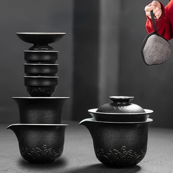 Черна керамична чаша-шарлатанин, обикновен чай комплект за носене на открито, Чайник, три чаши, преносими пътен машина за заваряване на чай