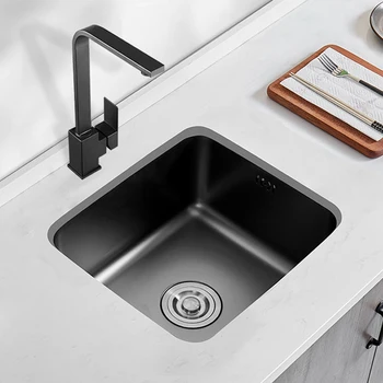 Черна малка бар мивка Nano 304 Кухненска мивка от неръждаема стомана, с една чаша за декорация на дома и Аксесоари за цедка