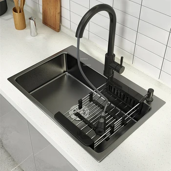 Черни наносовременные на кухненски мивки от Неръждаема стомана 304 с една мивка, моноблок и мивка за миене на съдове, Ръчни мивки, сгъстено кухненски принадлежности