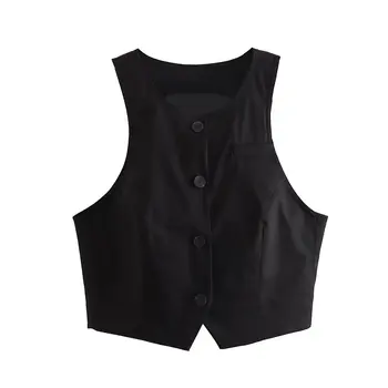 Черно съкратен жилетка, дамски елегантен укороченная яке без ръкави, шик женски жилетка, дамски дрехи, новост 2023 година