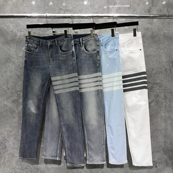 Четири сезона, нови корейски модни маркови дънки, мъжки панталони в ивица с 4 ленти, обикновените стрейчевые дънкови панталони, дизайнерски мъжки дънки