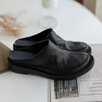 Чехли Дамски джапанки от волска кожа, летни черни обувки на равна подметка, дамски ежедневни меки дамски чехли от естествена кожа, дамски обувки-джапанки