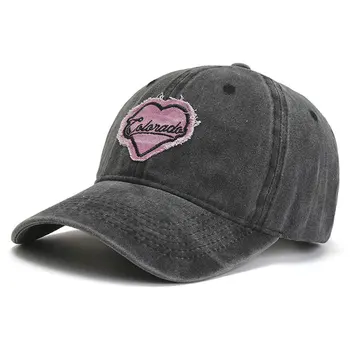 Шапки за жени реколта выстиранная памучен шапка за татко, регулируем ежедневни бейзболна шапка с нашивкой във формата на сърце, женски, меки шапки