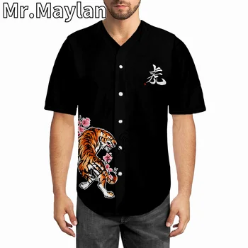 Японската тениска с Татуировка Тигър, Бейзболна Риза, Мъжка Риза с 3D Принтом, Ежедневни Ретро Върховете 2023, Риза Оверсайз 5XL, Camisas Masculinas-881