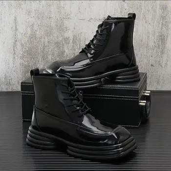 италианската марка, дизайнерски мъжки модни обувки на платформа, черна стилни обувки от лачена кожа в стил пънк за нощен клуб, ботильоны, къси ботове...