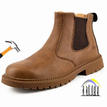 кожени работни обувки за мъже със стоманени пръсти, водоустойчив защитен мъжки обувки за работа, лесна обувки за мъже, кожена работа защитни обувки