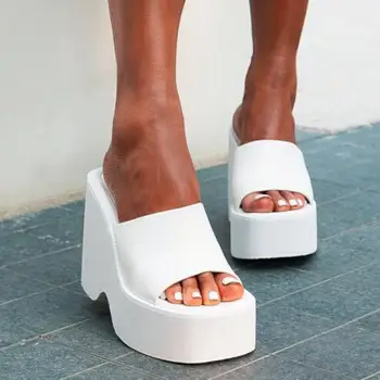 луксозни летни дамски нови бели сандали на дебела подметка обувки с високи токчета, дамски чехли с квадратни пръсти, размер тапочек