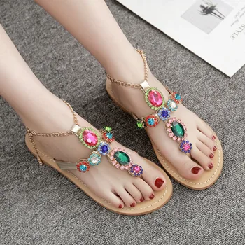 цветни сандали с кристали, дамски гладиаторски сандали на равна подметка с хрустальным цвете, метални вериги, плажни обувки големи размери 45