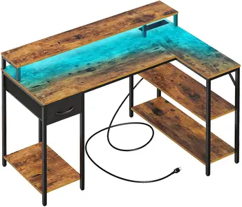 L-образна форма на игралната маса с led осветление, електрически контакти, обръщане на компютърна маса с рафтове, Разтегателен ъглов бюро за домашния офис