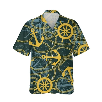 Нова хавайски реколта риза с къс ръкав и принтом морски компас с 3D принтом, мъжки летни мода, морски уличен стил, Свободни топове 5XL